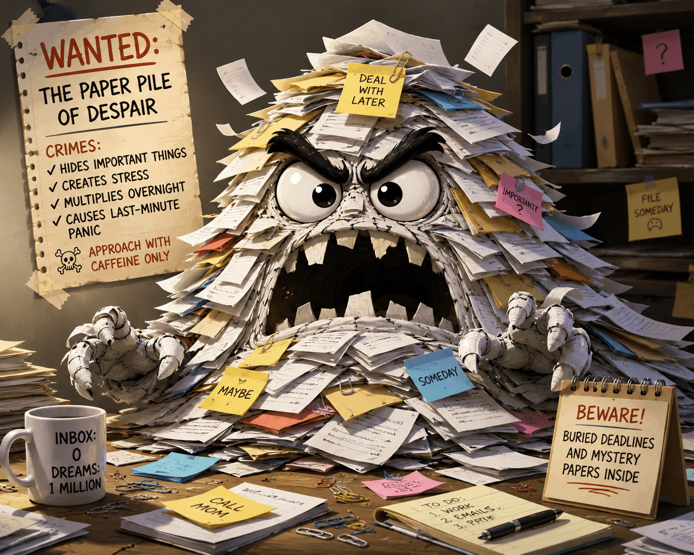 The Paper Pile of Despair household villain illustration