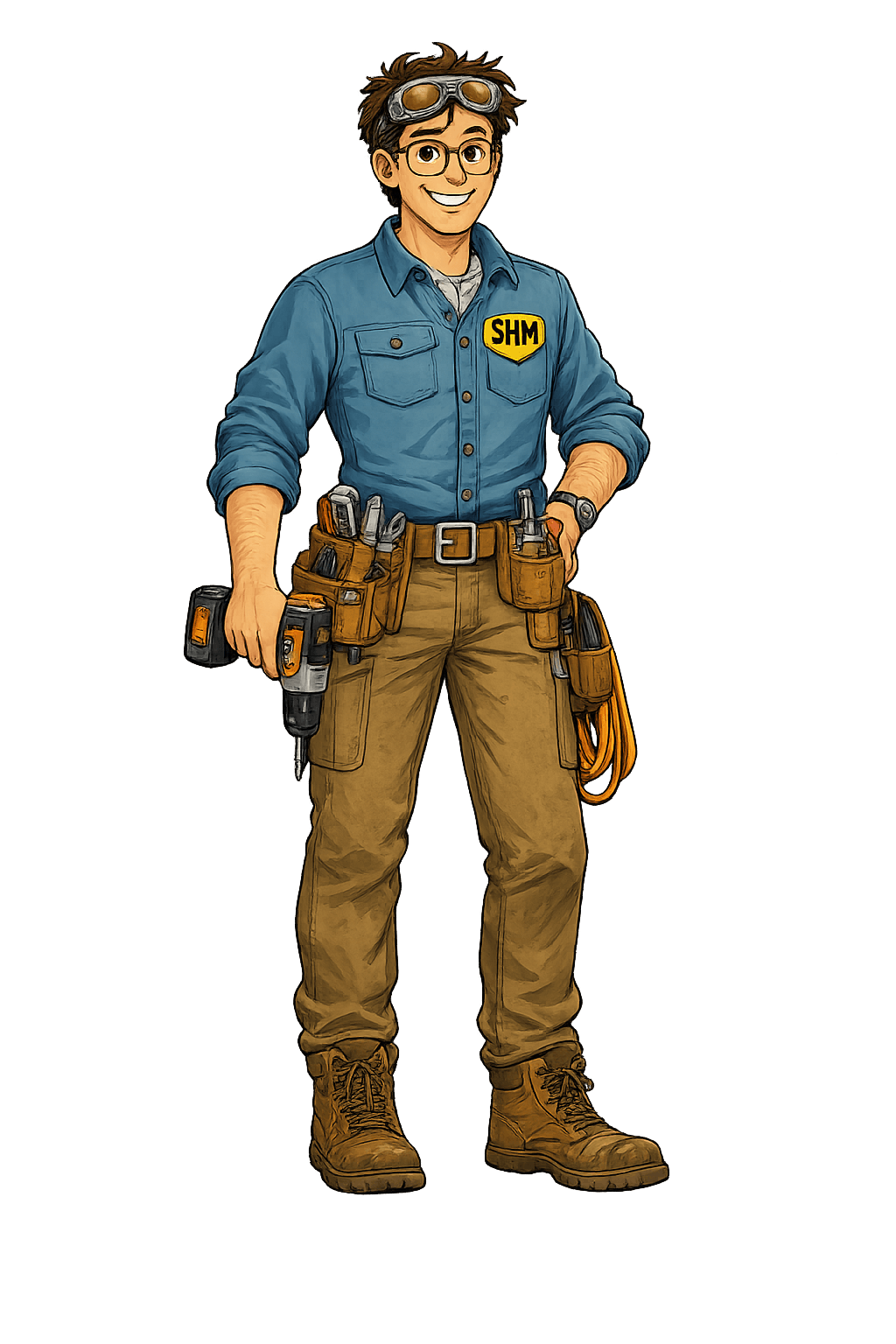 Super Handy Man wearing glasses, work clothes, and a tool belt
