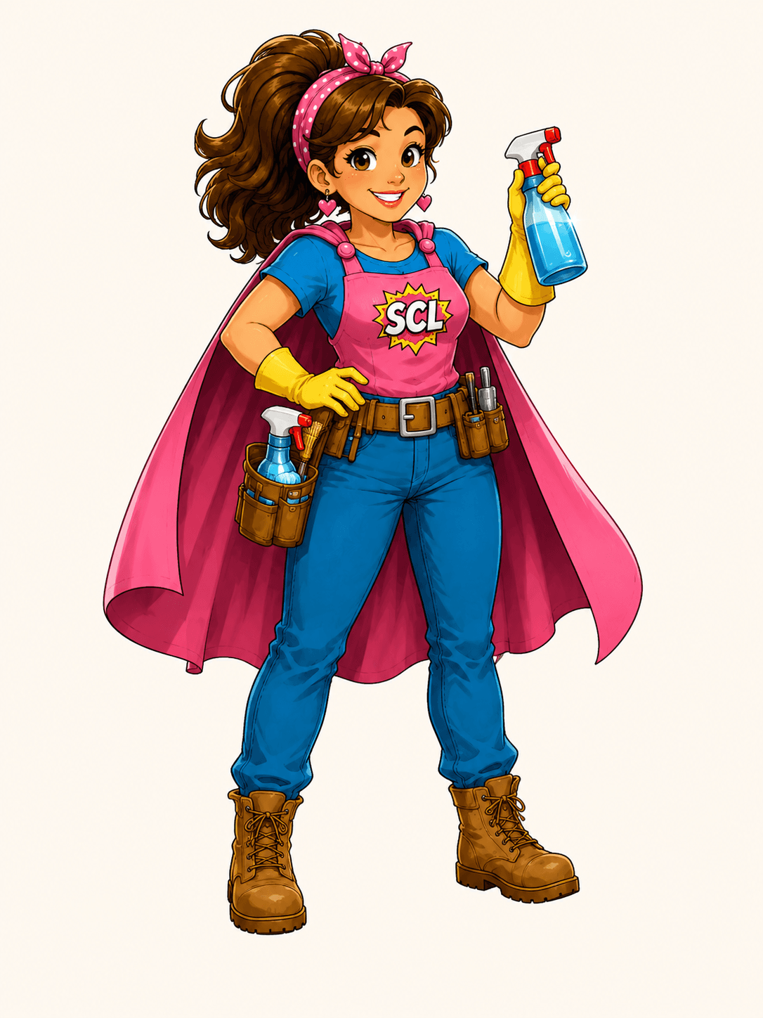 Super Cleaning Lady wearing her pink cape and holding a spray bottle