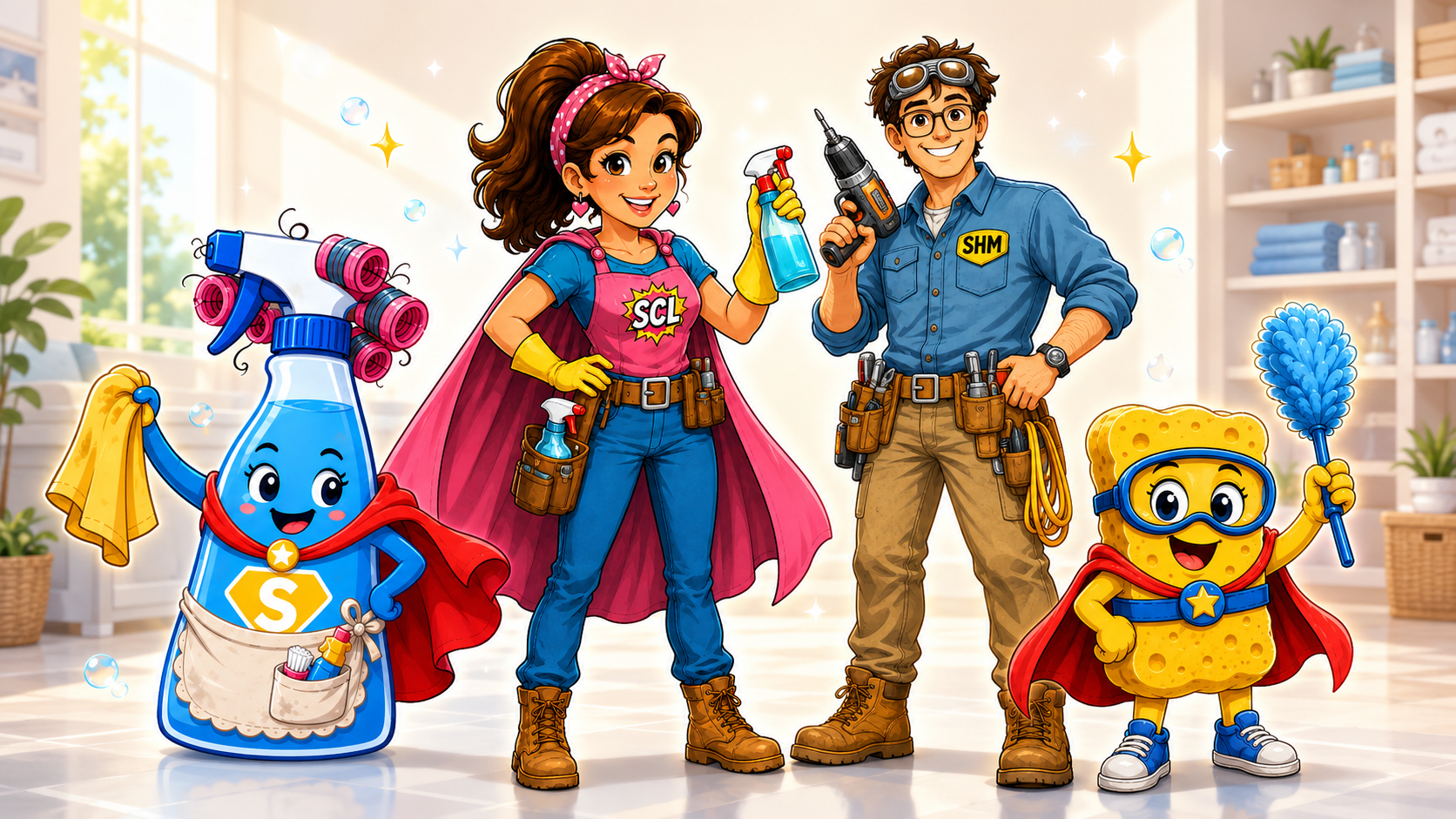 Super Cleaning Lady, Super Handy Man, the Super Spray Bottle, and Spongie standing together