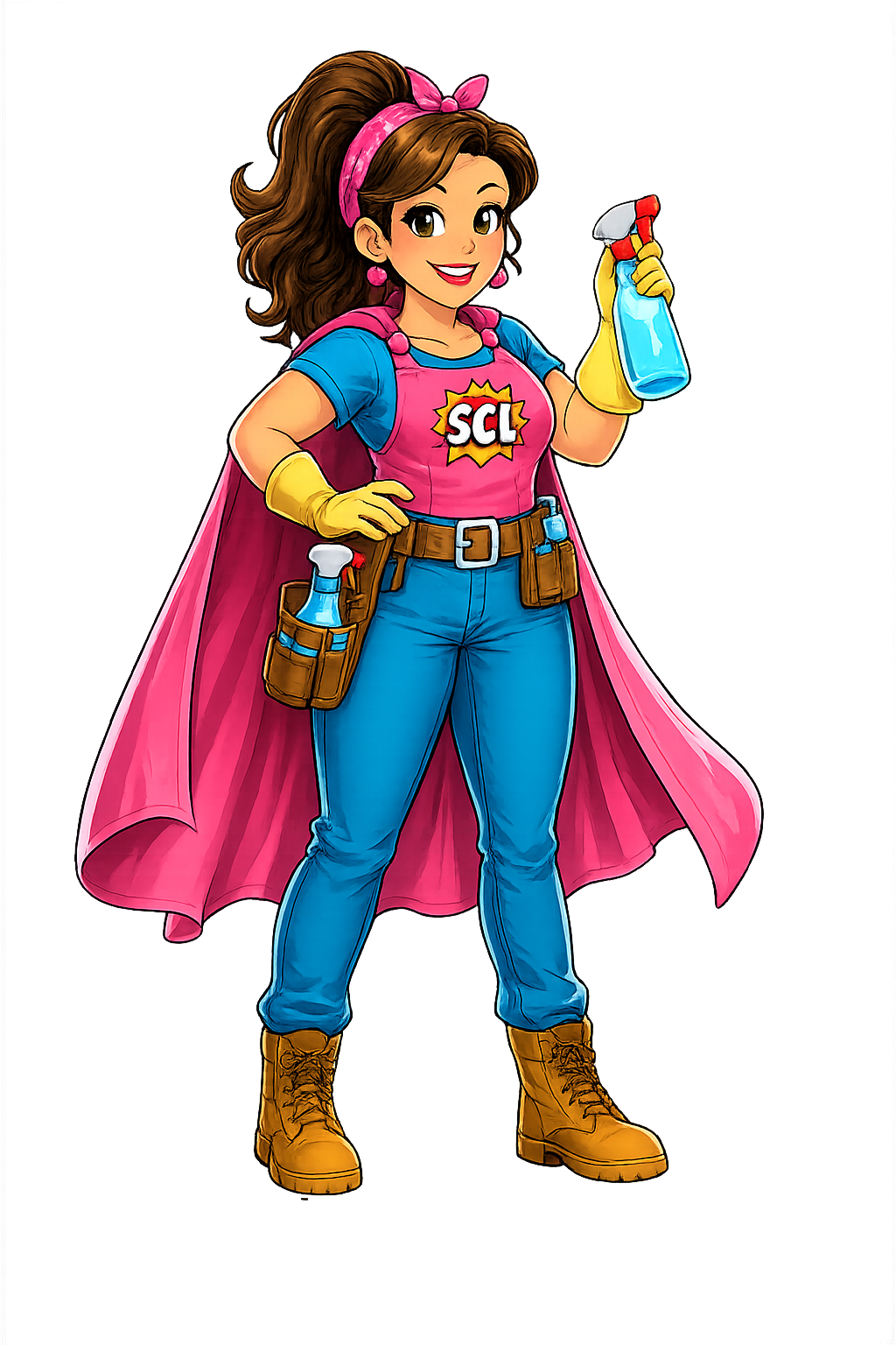 Super Cleaning Lady wearing her pink cape and holding a spray bottle