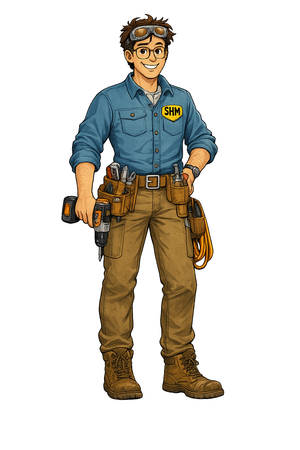 Super Handy Man wearing glasses, work clothes, and a tool belt
