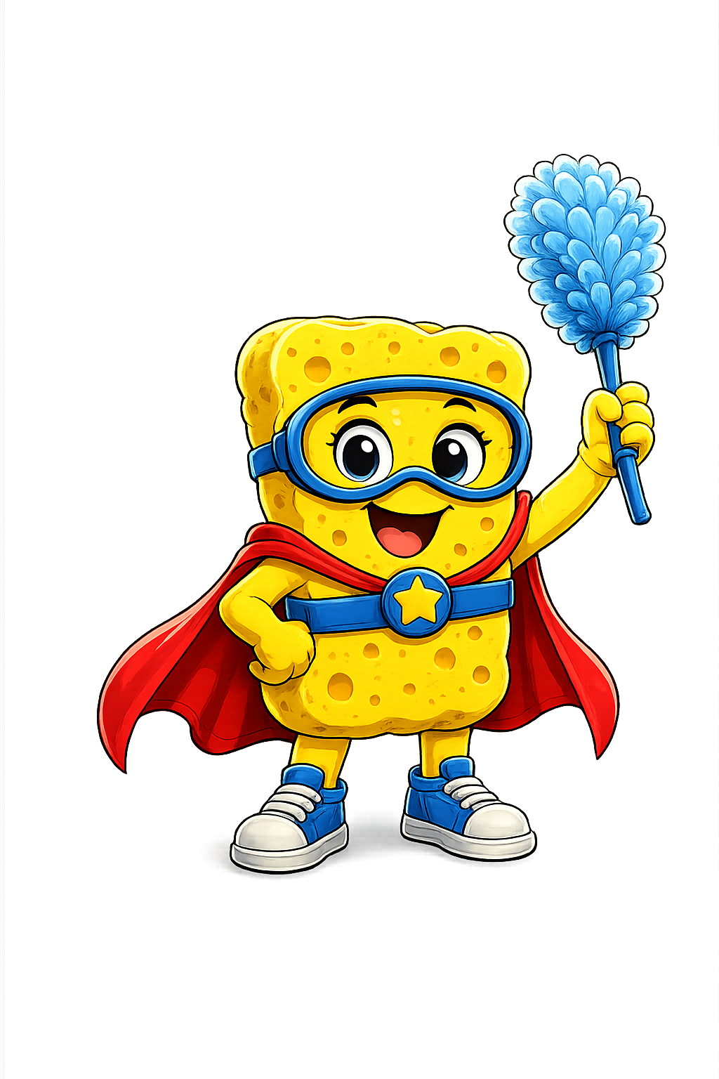 Spongie wearing goggles and a red cape while holding a blue duster