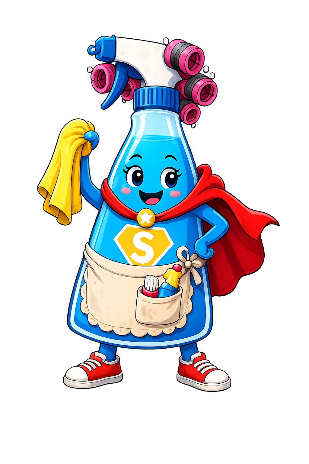 The Super Spray Bottle wearing a red cape and holding a yellow cleaning cloth